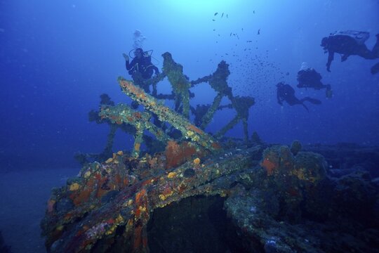 Divers explore a paddle wheel covered with sea sponges in the Mediterranean near Hy&egrave;res, Wreck Ville de Grasse dive site, Giens Peninsula, Porquerolles, Provence, C&ocirc;te d'Azur, Mediterranean, France