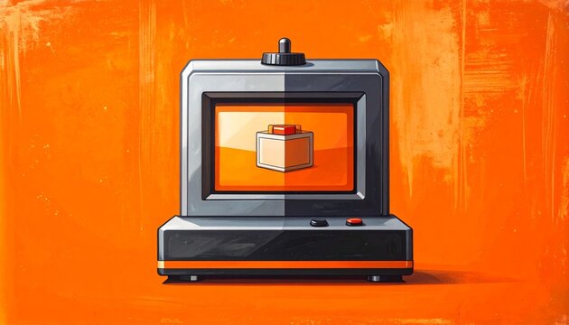 Retro computer monitor displaying colorful pixelated box on orange background.