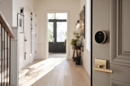 Modern entryway with smart lock and discreet facial recognition camera showcasing home security technology and intelligent access control for contemporary residential safety automation concept.