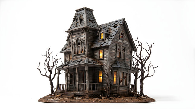 Spooky Miniature Haunted House Diorama with Twisted Trees on White Background