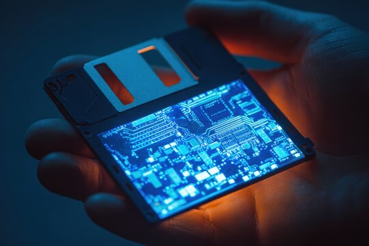 Close up hand holding glowing floppy disk with digital circuit patterns. Legacy technology retro future concept and vintage computer data storage nostalgia electronic obsolete media innovation.