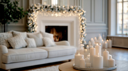 Fototapeta premium Cozy living room white sofa decorative pillow candle fireplace garland festive elegant winter holiday