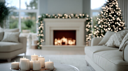 Fototapeta premium Cozy living room with white sofa candles fireplace Christmas tree soft lighting holiday decor blurred background peaceful atmosphere