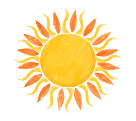 Cheerful  hand drawn sun illustration with stylized orange and yellow  rays. 