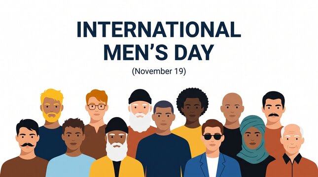 International Men's Day Flat Vector Banner with Diverse Men Crowd Illustration