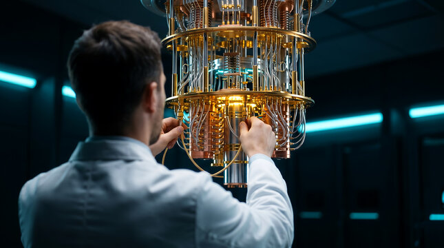Scientist working on a quantum computer processor