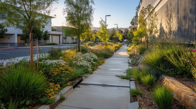Pedestrian pathway with permeable concrete lined by native plants and rain garden bioswale. Urban water management. Sustainable landscape planning, and strengthen green infrastructure resilience.