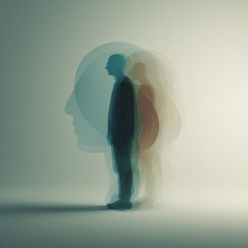 Human figure dissolving from solid form into transparent abstract shapes. Self sacrifice, lost personal boundaries, and emotional imbalance. Psychology, codependency awareness, and mental wellness.
