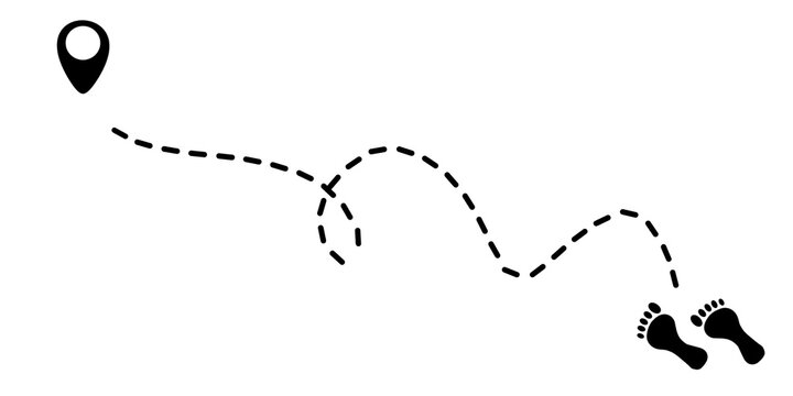 Human footprints on a dashed line path to a final waypoint pin. Winding path marked by dotted lines and stylized footprints. Concept of a journey, route or tracking movement to a final destination.