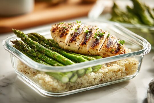 High protein meal prep grilled chicken breast blanched asparagus quinoa glass container organized, muscle maintenance GLP-1 companion diet weight loss healthy eating nutrition plan.