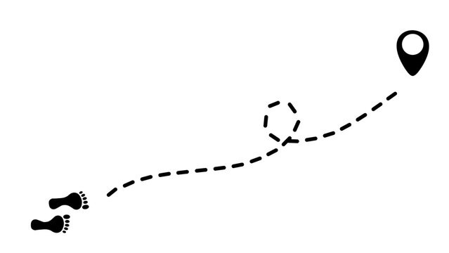 Human footprints on a dashed line path to a final waypoint pin. Winding path marked by dotted lines and stylized footprints. Concept of a journey, route or tracking movement to a final destination.