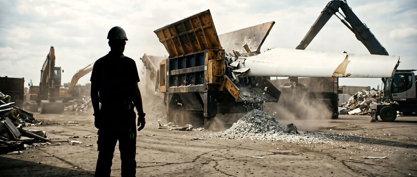 Industrial worker observing heavy machinery at a recycling facility