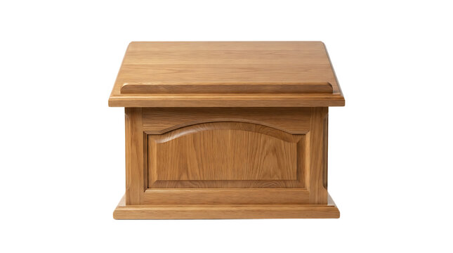 Small wooden funeral urn for ashes with a classic rectangular design isolated on transparent background