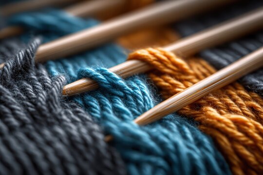 Close up of knitting needles weaving soft wool yarn with detailed texture showing fiber strands and stitches, handmade craft and traditional artisan handwork concept for textile hobby and DIY creation