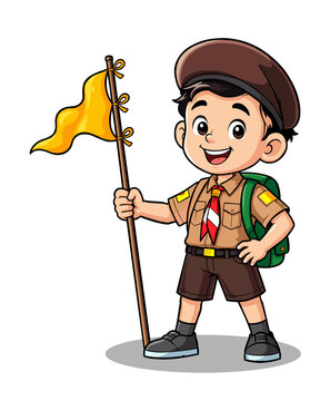 Smiling Boy Scout Holding Yellow Flag Illustration