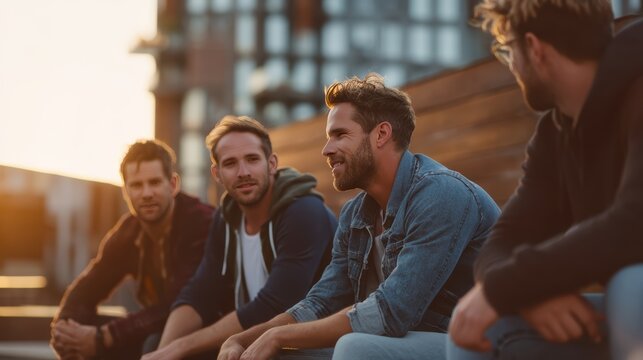Group of male friends supporting each other emotionally in relaxed setting showcasing modern manhood emotional support brotherhood friendship bonding compassion empathy and vulnerability.