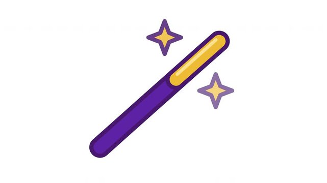 Magic wand icon with sparkling stars and purple handle on white background