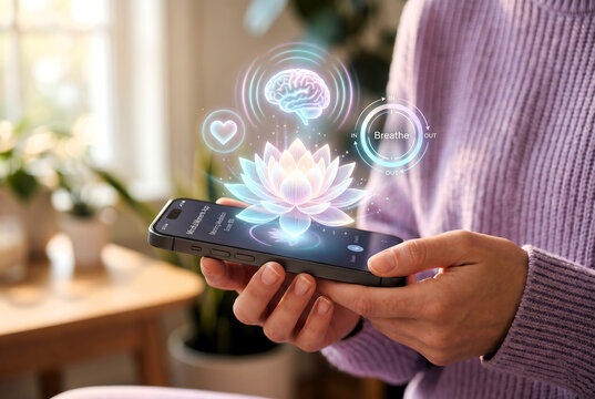 Person holding smartphone with digital mental health and wellness hologram