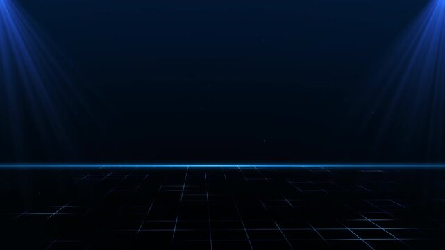 Dark futuristic grid stage with blue spotlights, clean sci-fi background for digital presentations.