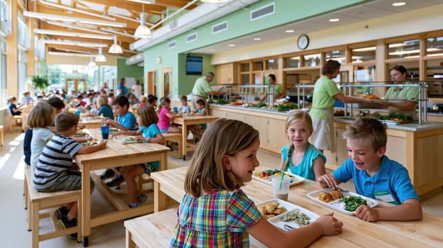 Elementary school children eating lunch in bright cafeteria with staff serving meals