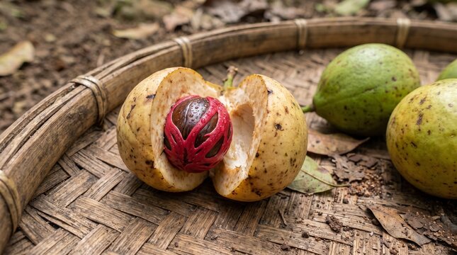 Ripe fresh nutmeg naturally split open to reveal its seed and vivid red mace. Ideal for spice education, ingredient marketing, culinary publishing, and food advertising.