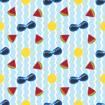 Summer seamless pattern with watermelon slices blue sunglasses and sun on blue wavy stripes