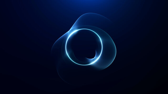 Blue neon ring with transparent fluid swirl on dark background, futuristic abstract energy portal for tech design.
