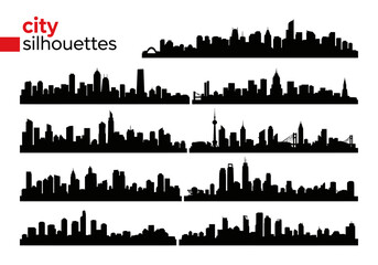 Obraz premium Set of black city skyline silhouettes with tall modern buildings and skyscrapers for urban design projects and architectural vector illustrations