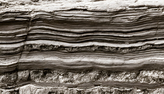 Geological layers depicted with black and white, wavy lines, and granular textures