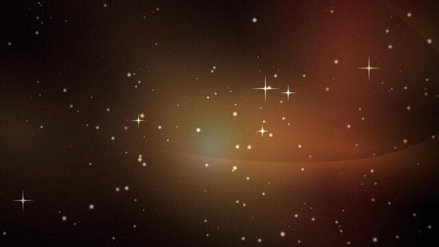 Dark brown and orange space background with a bright central glow and twinkling stars