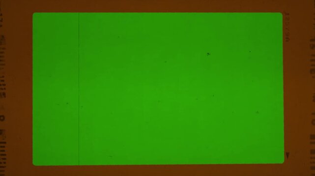 Green screen horizontal vintage film frame overlay featuring a chroma key center, brown matte border, serial numbers, retro dust, scratches, and analog film grain.