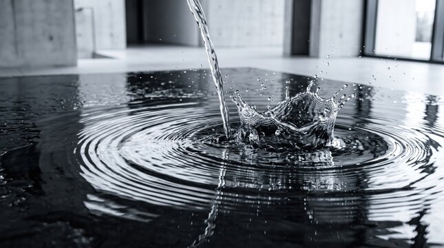 Water drop splash creating crown shape with circular ripple wave background for pure blue liquid concept.