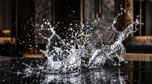Water drop splash creating crown shape with circular ripple wave background for pure blue liquid concept.