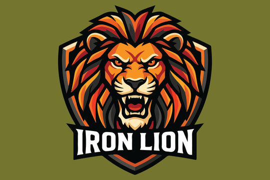 Powerful roaring lion head mascot logo badge on an olive shield crest with Iron Lion text for sports and esports teams