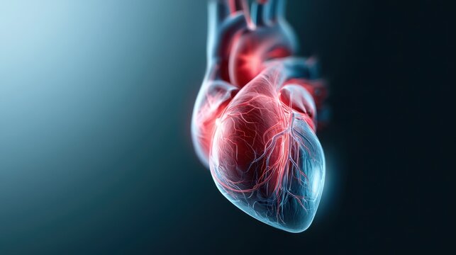 Close-up of a human heart in a digital render, glowing with internal light and highlighted blood vessels, symbolizing life and health
