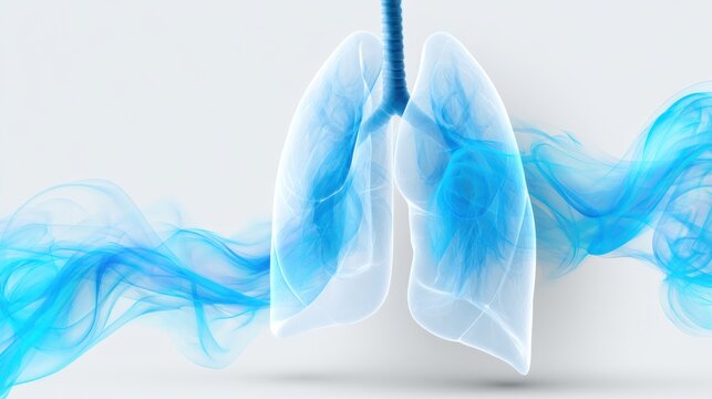 A stylized graphic of human lungs with blue smoke or vapor flowing around them, suggesting breath or respiration. This visual represents health, wellness, or respiratory function