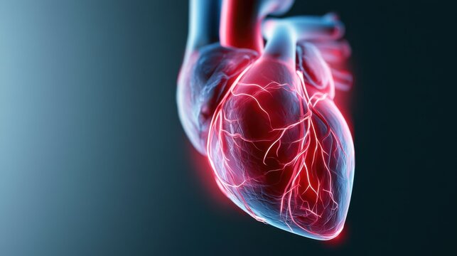 A realistic 3D rendering of a human heart, glowing red and showing intricate blood vessels and arteries, against a dark blue background