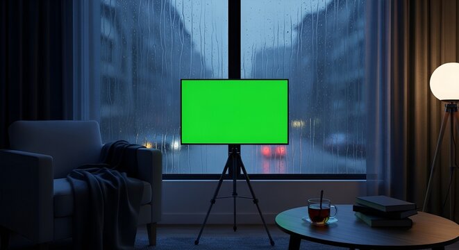 Green screen on TV in living room.