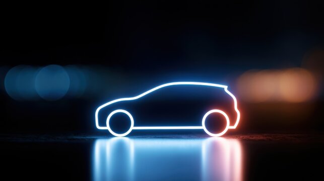 The outline of a car illuminated by neon light, against a blurred backdrop of city lights