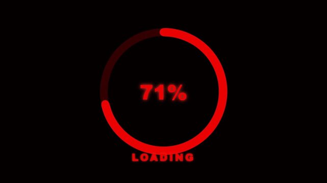 Red circular progress bar displaying 71 percent loading status on black background for digital interface Motion Graphic concept