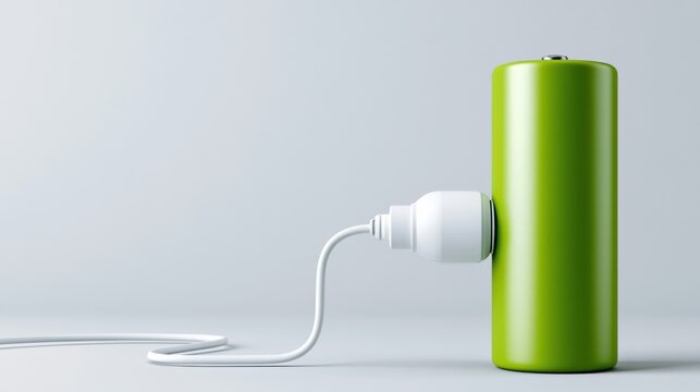 A bright green battery being charged with a white cable and connector. The battery is standing upright on a light gray surface with a subtle gradient.