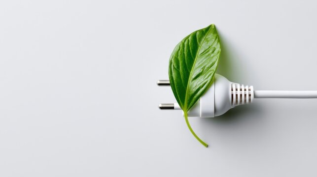 A clean power plug entwined with a fresh green leaf, symbolizing eco-friendly energy and sustainable technology