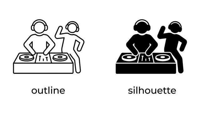 DJ Icon: A minimalist illustration featuring two DJs in outline and silhouette, passionately mixing music at a turntable. This graphic symbolizes entertainment, performance.
