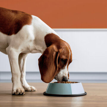 Side view of long eared dog eating dry food from bowl on wooden floor in modern home interior