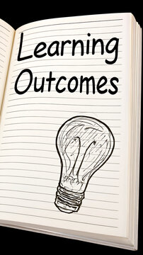 Learning Outcomes and Idea Bulb: A blank notebook showcases the terms Learning Outcomes accompanied by a hand-drawn light bulb, which signifies inspiration and the process of acquiring knowledge.