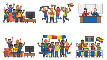 Fototapeta premium Colorful collage of people celebrating, cheering, and waving flags.