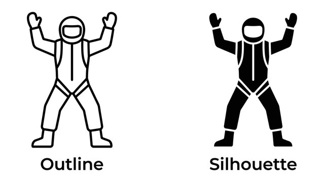 Skydiving Icon: A clear representation of a skydiver, presented in both outline and solid silhouette forms, ready for an exhilarating freefall adventure.