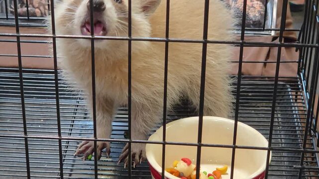 Close-Up of a Leucistic Raccoon Eating in a Cage