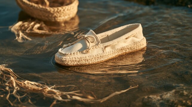 Beige casual loafer shoe floating on water surface near straw hat and dried grass in warm natural light