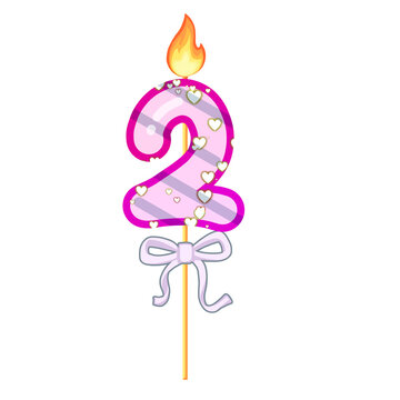 Pink heart striped birthday number two candle perfect for second birthday celebrations with festive white bow. Suitable for birthday designs.